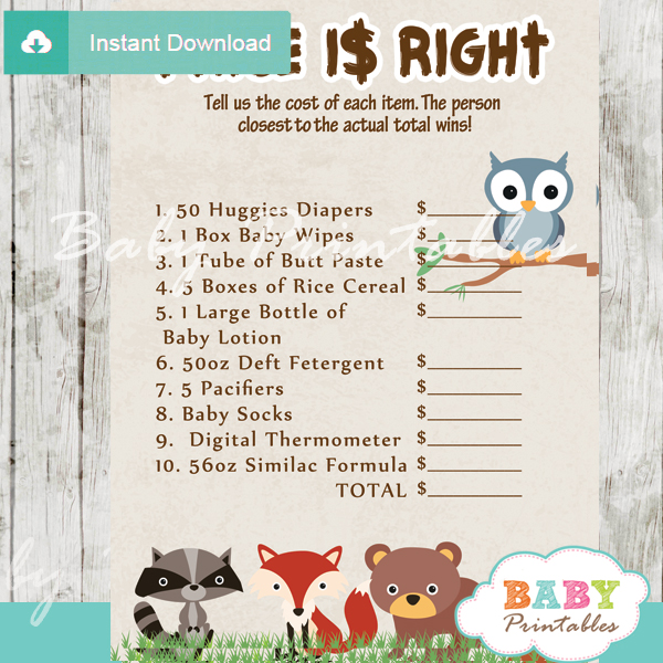 137 Woodland Animals Baby Shower Games Price is Right