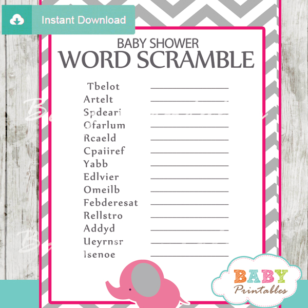 103 Elephant Baby Shower Game Word scramble fushia grey chevron