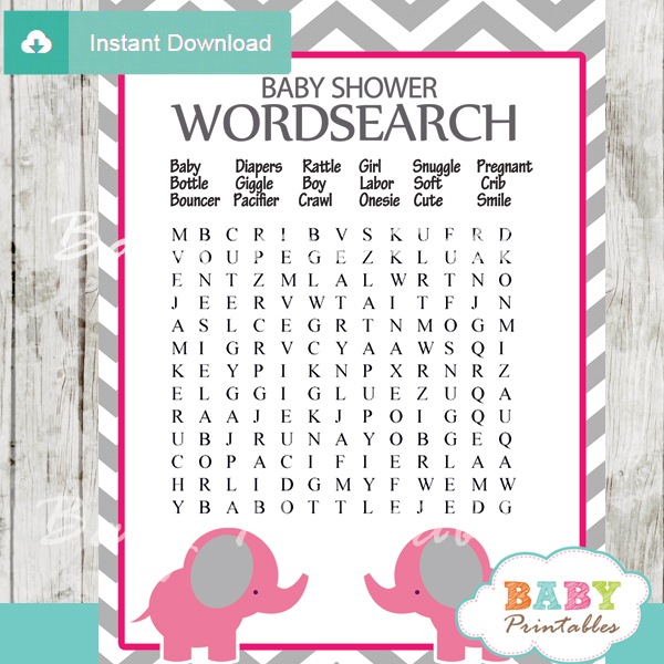 103 Elephant Baby Shower Game Word Search Fushia Grey Chevron Baby