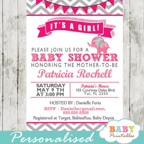 Hot Pink Elephant Baby Shower Invitation Card - D103 - Baby Printables