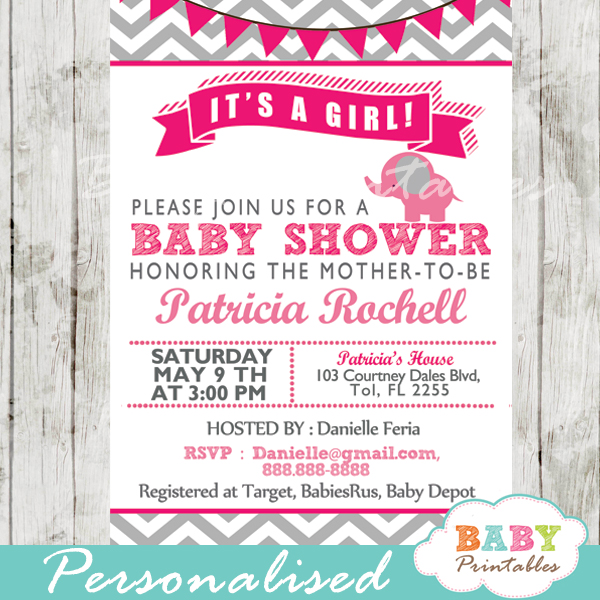 Cute Elephant Pink Baby Shower Invitation Details Card 