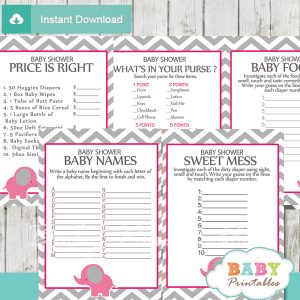 printable hot pink elephant baby shower games package