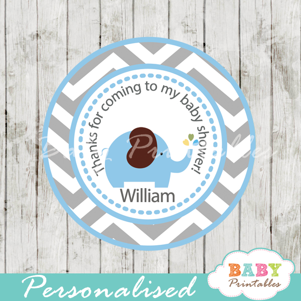 blue gray elephant baby shower labels