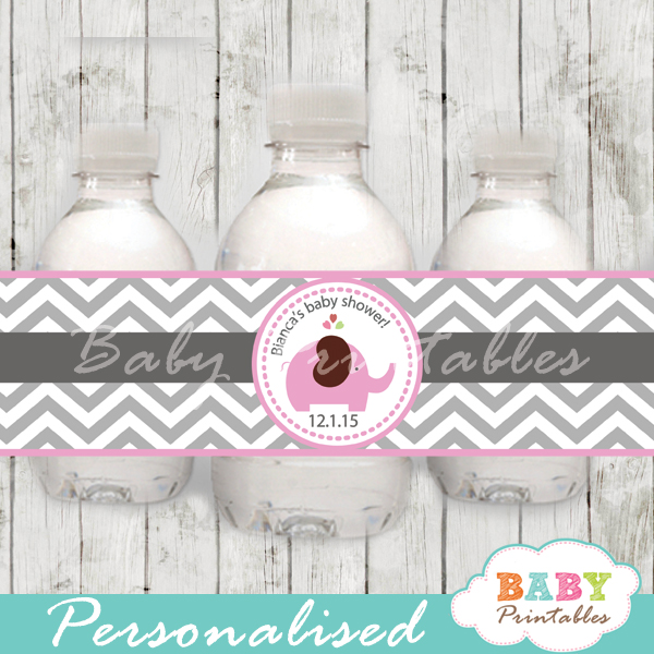 personalized pink elephant baby shower bottle wrappers