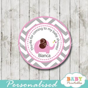 personalized pink elephant baby shower tags