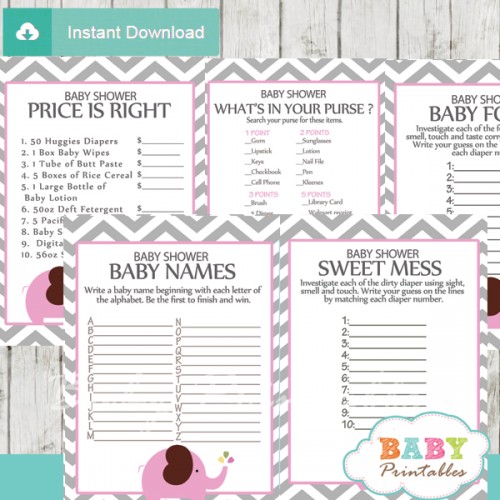 Pink Elephant Baby Shower Games - D106 - Baby Printables