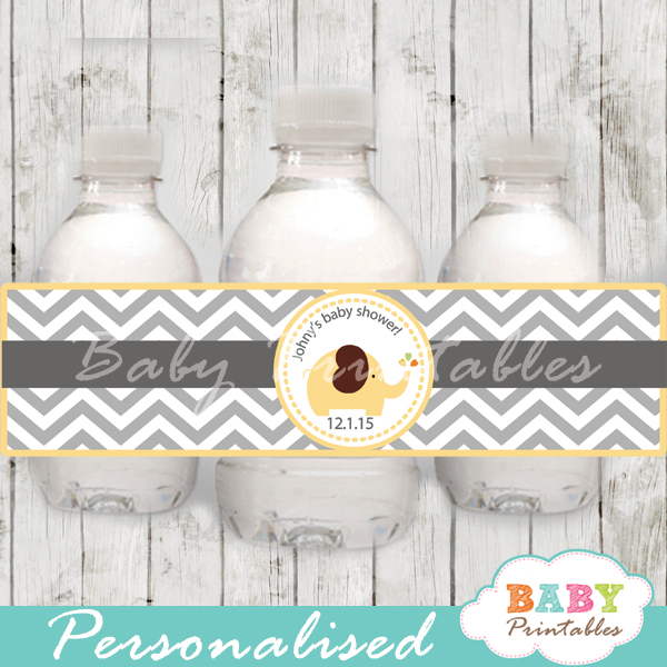 personalized yellow elephant baby shower bottle wrappers