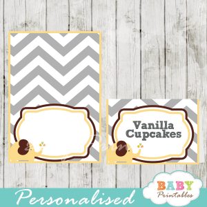custom printable food place cards for baby shower elephant yellow brown