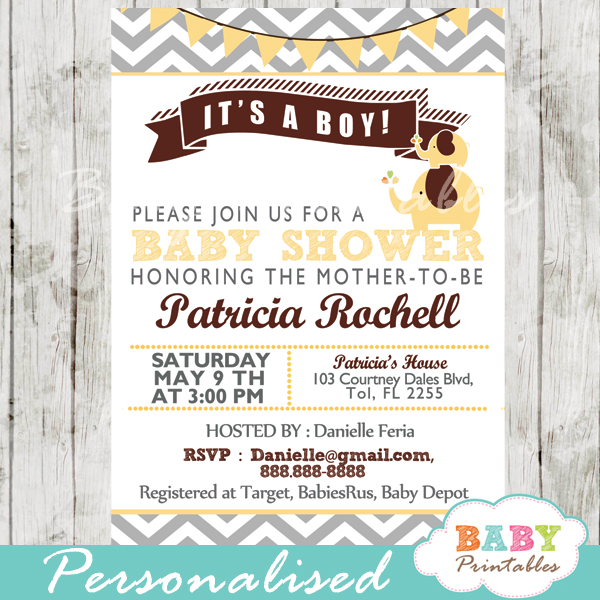 personalized yellow brown printable elephant baby shower invite printable