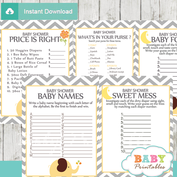 printable yellow elephant baby shower games package
