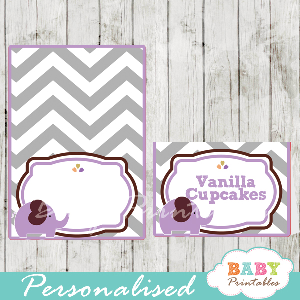 custom printable food place cards for baby shower elephant purple