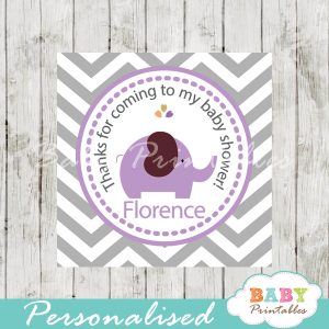 printable custom purple elephant baby shower gift labels