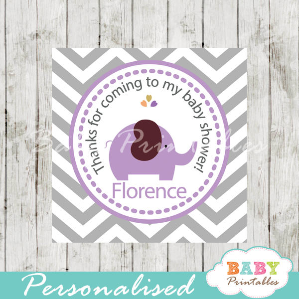 printable custom purple elephant baby shower gift labels