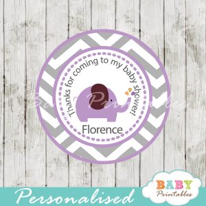 personalized purple elephant baby shower tags