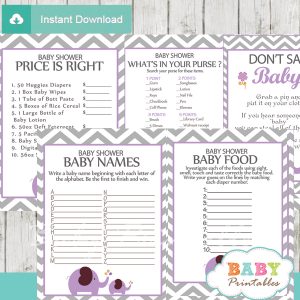 printable purple elephant baby shower games package