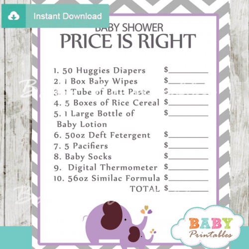 Lavender Elephant Baby Shower Games - D108 - Baby Printables
