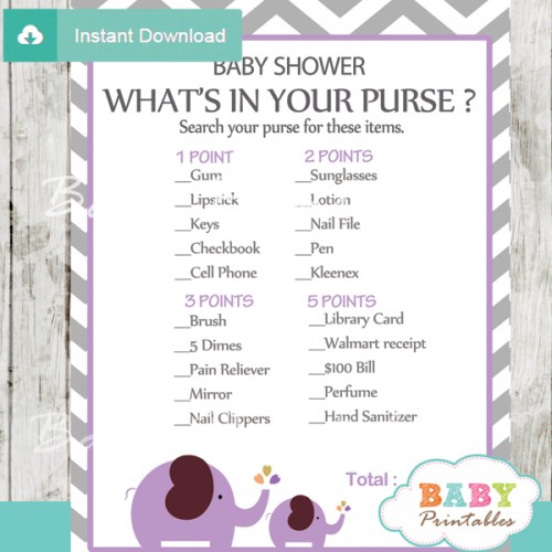 Lavender Elephant Baby Shower Games - D108 - Baby Printables