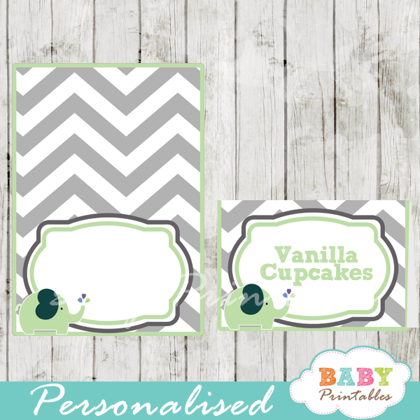 custom printable food place cards for baby shower elephant lime green