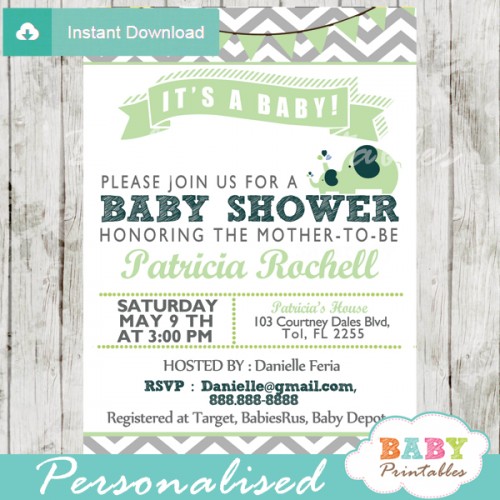 Lime Green Elephant Baby Shower Invitation Card - D109 - Baby Printables