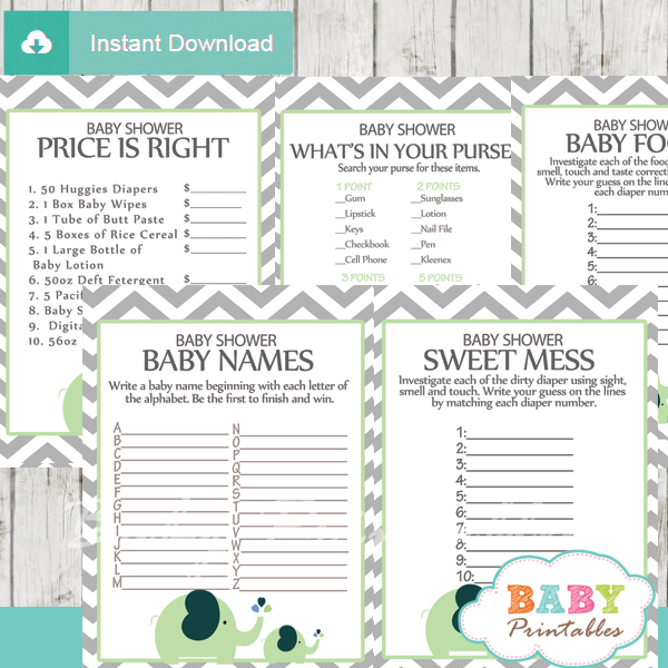 printable lime green elephant baby shower games package