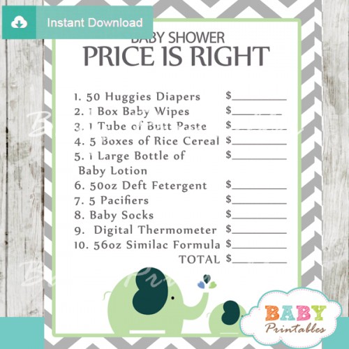 Lime Green Elephant Baby Shower Games - D109 - Baby Printables