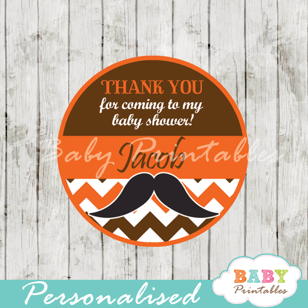 printable personalized Mustache Baby Shower Favor stickers