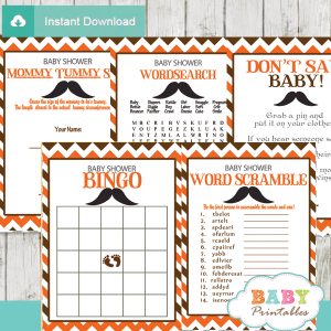 orange brown printable mustache baby shower fun games ideas
