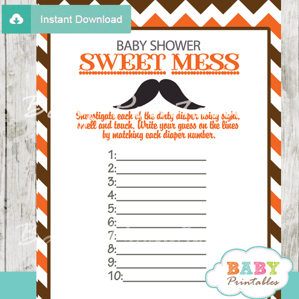 mustache Baby Shower Game What's That Sweet Mess Dirty Diaper Shower Game