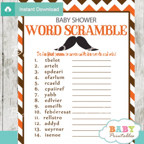 Orange Brown Mustache Baby Shower Games - D111 - Baby Printables