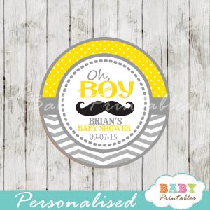 yellow printable personalized Mustache Baby Shower Favor stickers