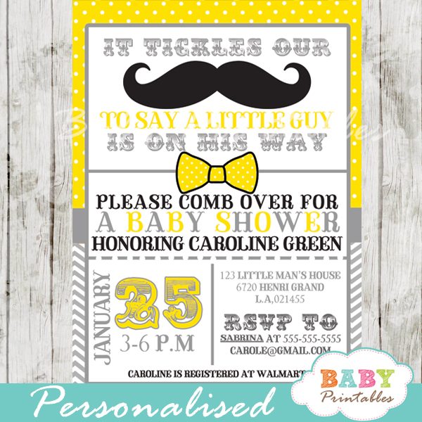 Yellow Grey Mustache Baby Shower Invitation Card D112 Baby