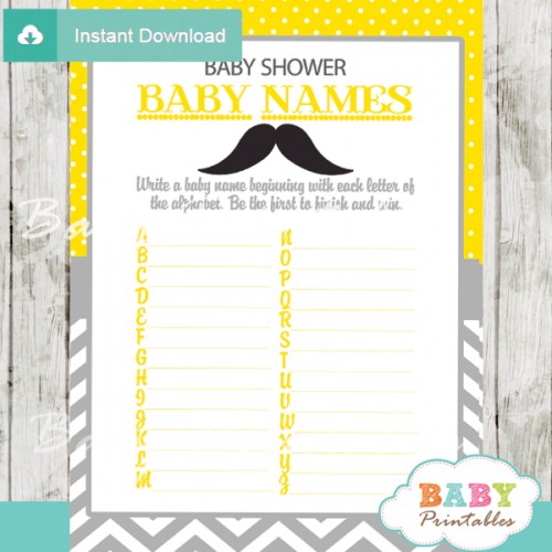 Yellow Grey Mustache Baby Shower Games - D112 - Baby Printables