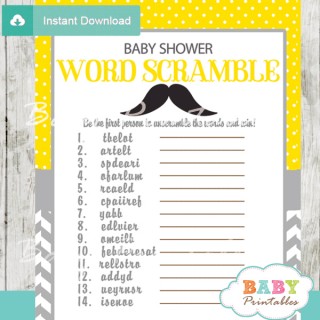 Yellow Grey Mustache Baby Shower Games - D112 - Baby Printables