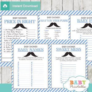 printable blue gray mustache baby shower games package