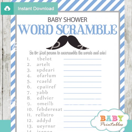 Blue Grey Mustache Baby Shower Games - D113 - Baby Printables