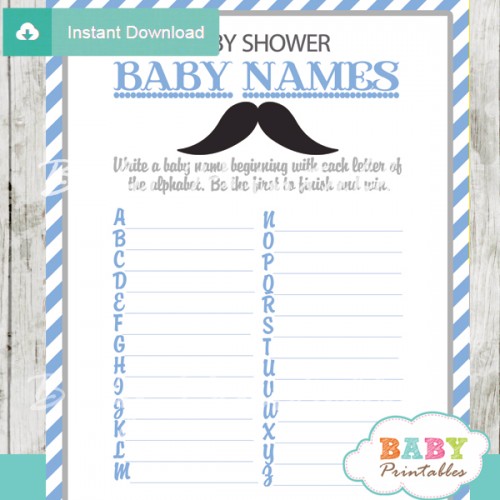 Blue Grey Mustache Baby Shower Games - D113 - Baby Printables