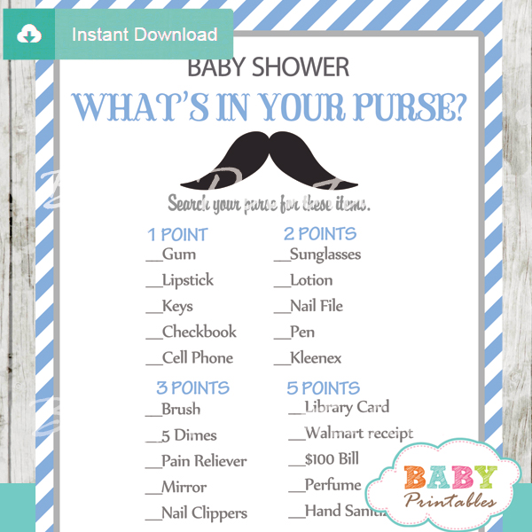 113 Blue Grey Moustache Baby Shower Games whats in your purse