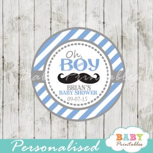 blue printable personalized Mustache Baby Shower Favor tags