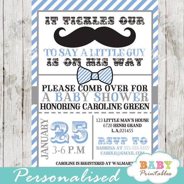 Blue Grey Mustache Baby Shower Invitation Card D113