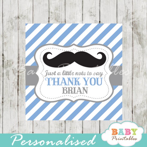 Blue Grey Mustache Baby Shower Square Labels - D113 - Baby Printables