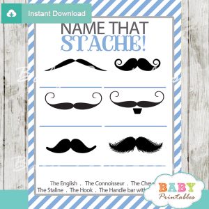 blue name that mustache baby shower game printable