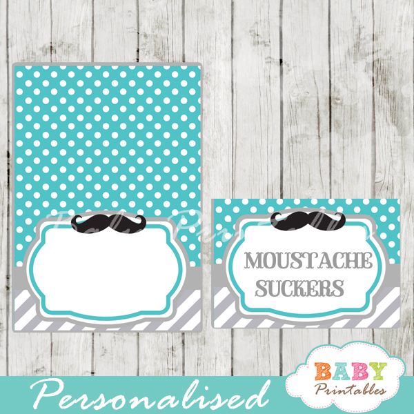 turquoise printable mustache food labels