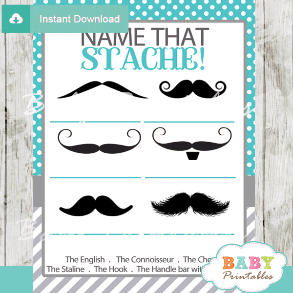 printable turquoise name that mustache baby shower game