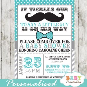 printable turquoise grey baby shower theme invitation