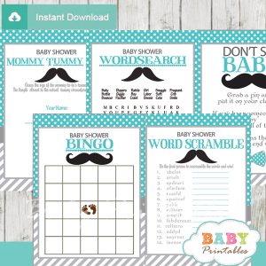turquoise grey printable mustache baby shower fun games ideas