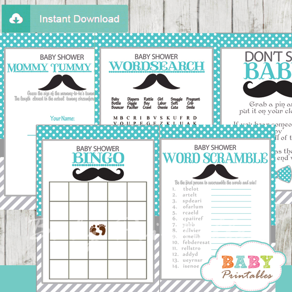 turquoise grey printable mustache baby shower fun games ideas