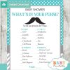 mustache printable baby shower games what's in your purse