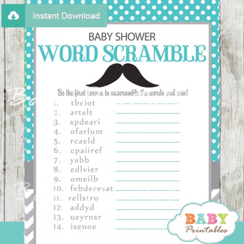 Turquoise Grey Mustache Baby Shower Games - D114 - Baby Printables