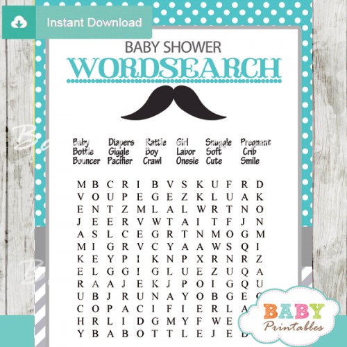 Turquoise Grey Mustache Baby Shower Games - D114 - Baby Printables