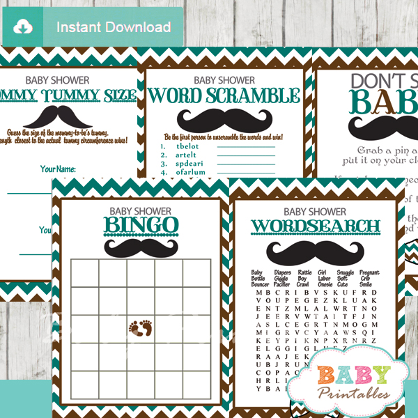 Blue Brown Mustache Baby Shower Games D115 Baby Printables